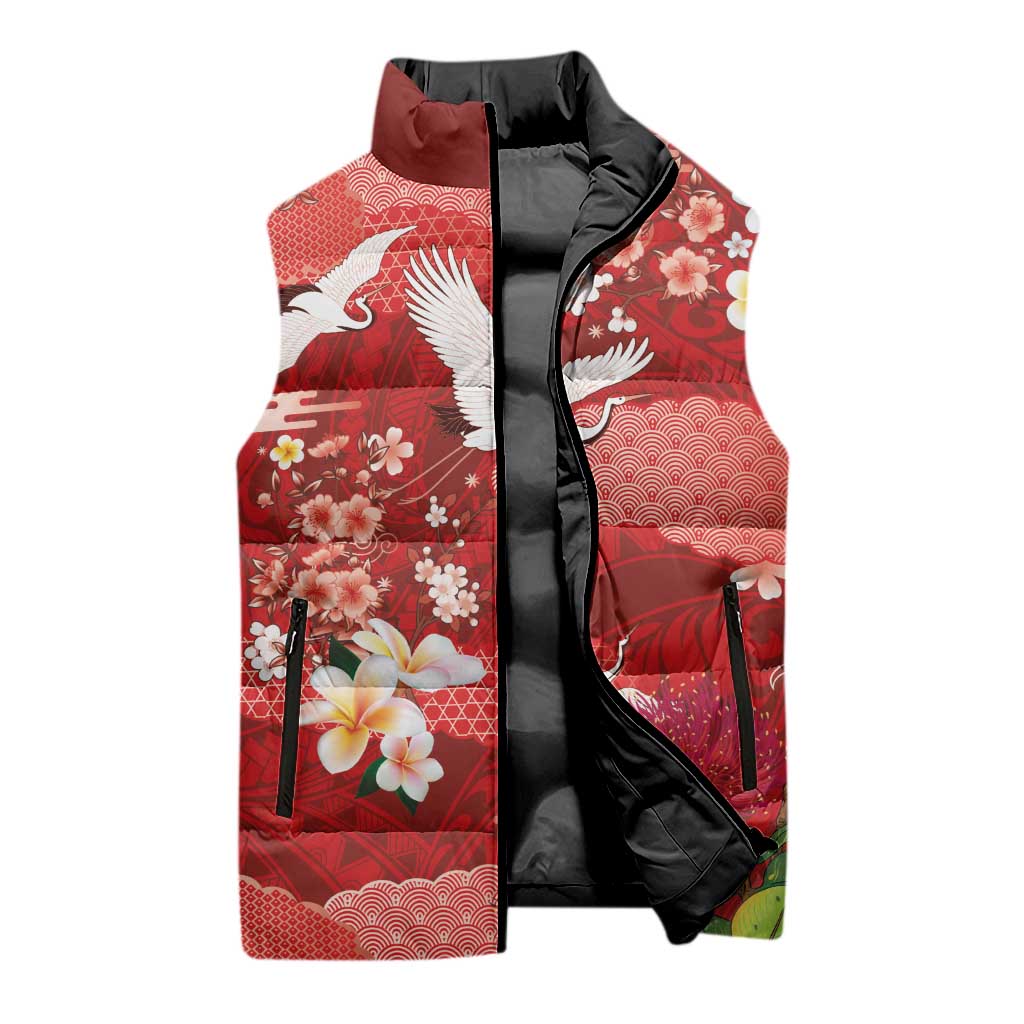 Hawaiian and Japanese Culture Together Sleeveless Puffer Jacket Red Ohia Lehua Plumeria and Sakura Blooming - Polynesian Pride