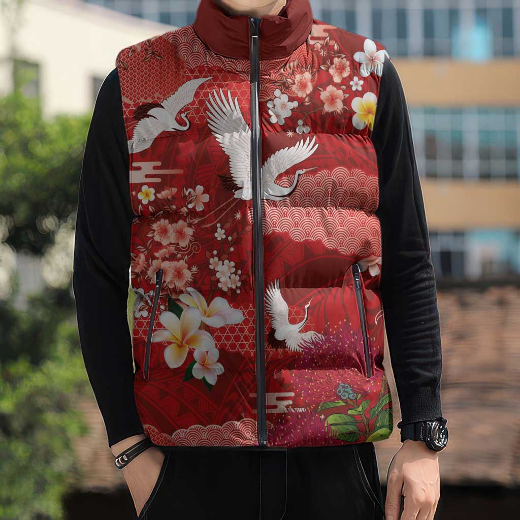 Hawaiian and Japanese Culture Together Sleeveless Puffer Jacket Red Ohia Lehua Plumeria and Sakura Blooming - Polynesian Pride