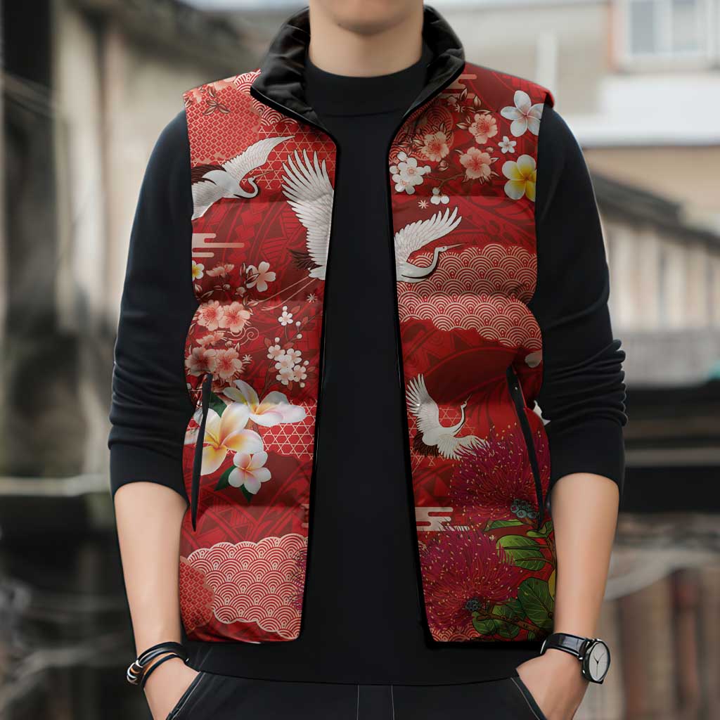 Hawaiian and Japanese Culture Together Sleeveless Puffer Jacket Red Ohia Lehua Plumeria and Sakura Blooming - Polynesian Pride