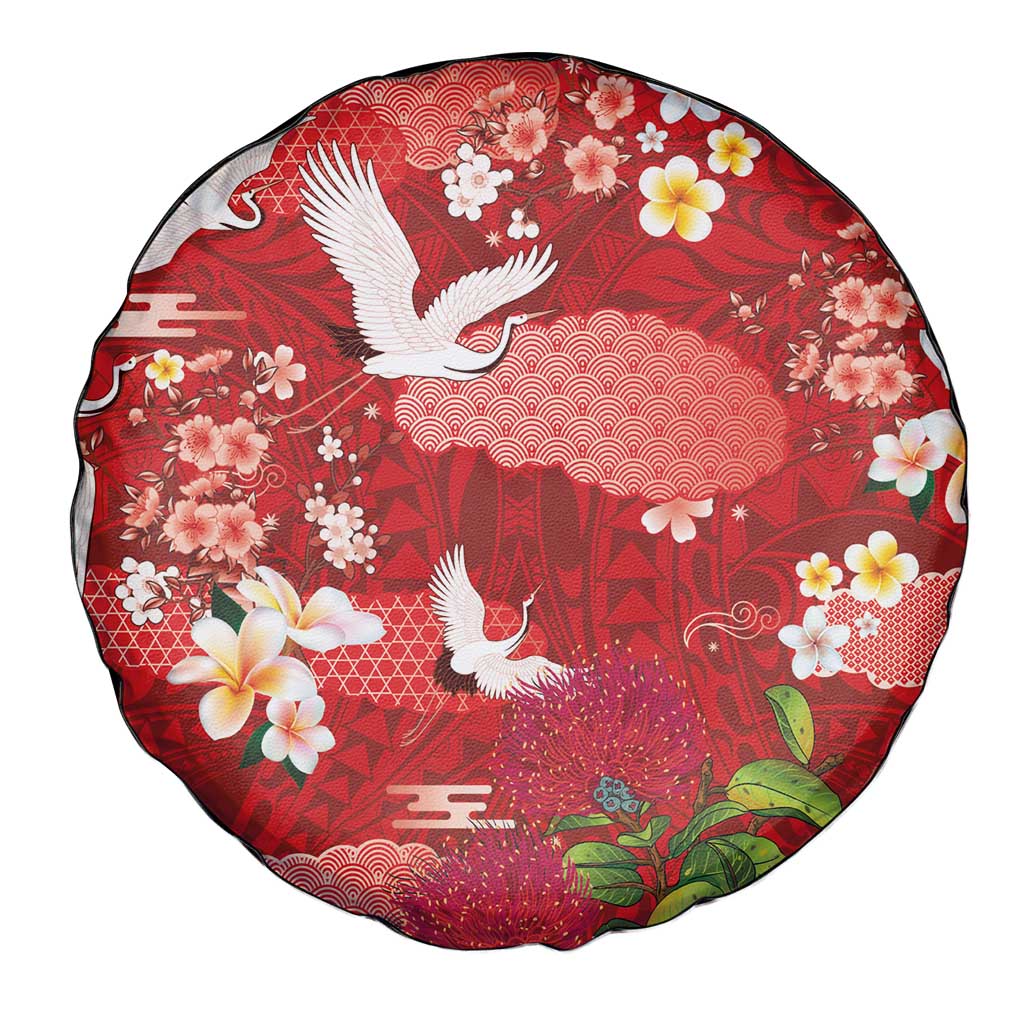 Hawaiian and Japanese Culture Together Spare Tire Cover Red Ohia Lehua Plumeria and Sakura Blooming - Polynesian Pride