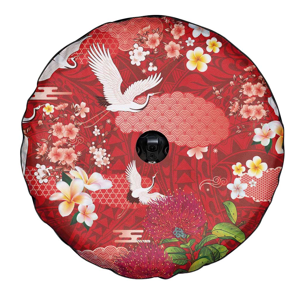 Hawaiian and Japanese Culture Together Spare Tire Cover Red Ohia Lehua Plumeria and Sakura Blooming - Polynesian Pride