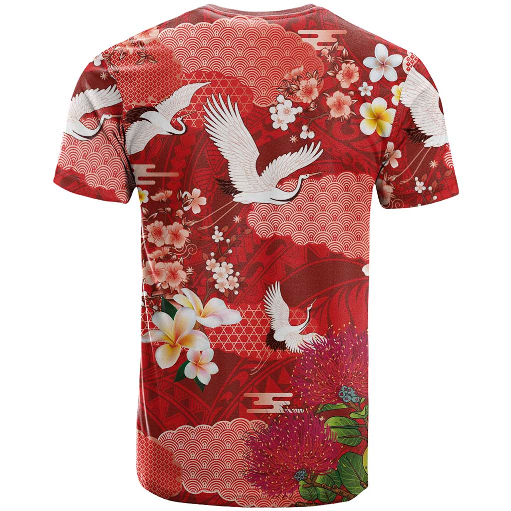 Hawaiian and Japanese Culture Together T Shirt Red Ohia Lehua Plumeria and Sakura Blooming - Polynesian Pride