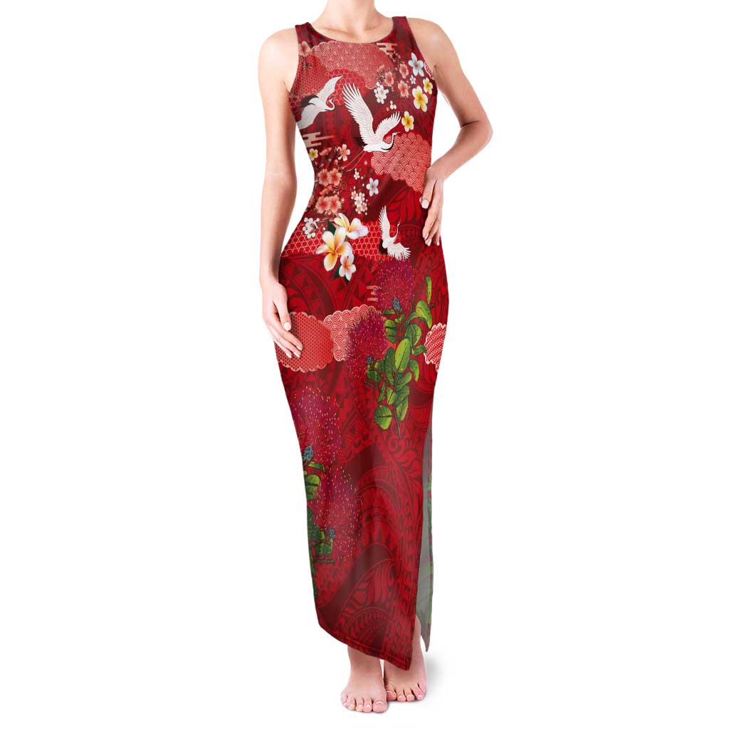 Hawaiian and Japanese Culture Together Tank Maxi Dress Red Ohia Lehua Plumeria and Sakura Blooming - Polynesian Pride