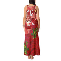 Hawaiian and Japanese Culture Together Tank Maxi Dress Red Ohia Lehua Plumeria and Sakura Blooming LT03 - Polynesian Pride