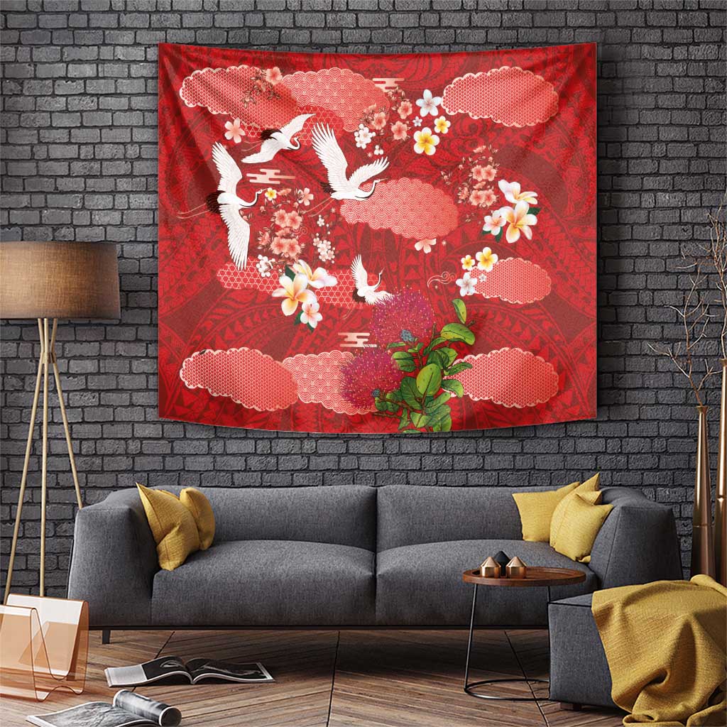 Hawaiian and Japanese Culture Together Tapestry Red Ohia Lehua Plumeria and Sakura Blooming - Polynesian Pride