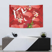 Hawaiian and Japanese Culture Together Tapestry Red Ohia Lehua Plumeria and Sakura Blooming - Polynesian Pride