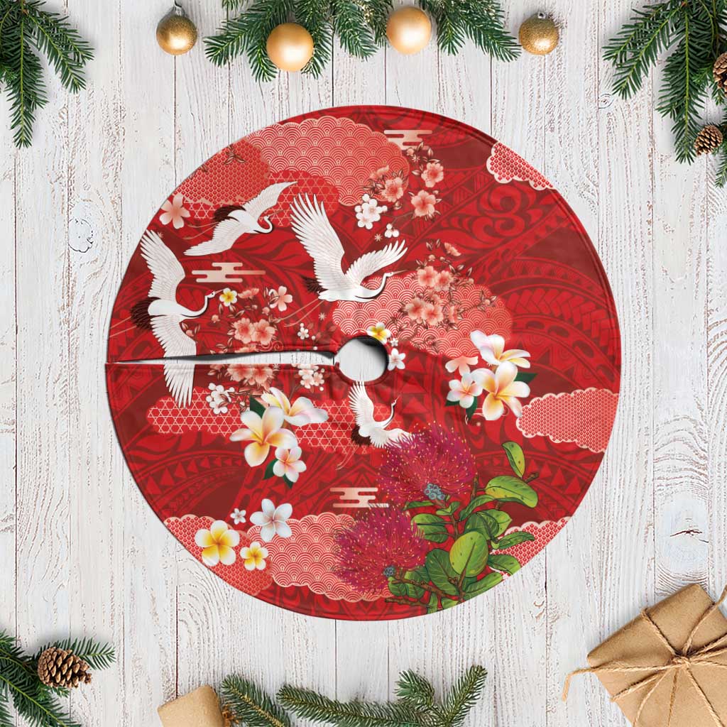 Hawaiian and Japanese Culture Together Tree Skirt Red Ohia Lehua Plumeria and Sakura Blooming - Polynesian Pride