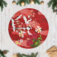 Hawaiian and Japanese Culture Together Tree Skirt Red Ohia Lehua Plumeria and Sakura Blooming - Polynesian Pride