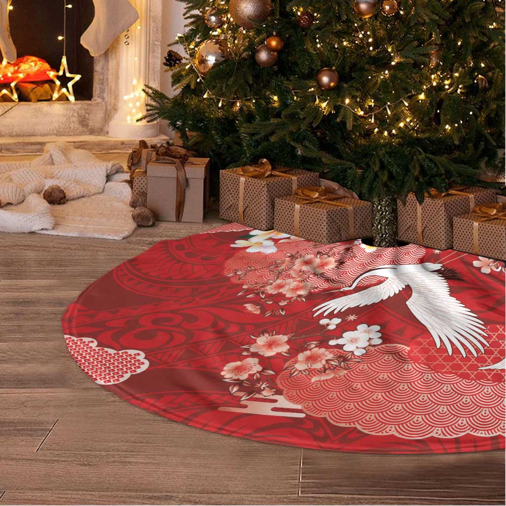 Hawaiian and Japanese Culture Together Tree Skirt Red Ohia Lehua Plumeria and Sakura Blooming - Polynesian Pride
