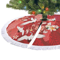 Hawaiian and Japanese Culture Together Tree Skirt Red Ohia Lehua Plumeria and Sakura Blooming - Polynesian Pride