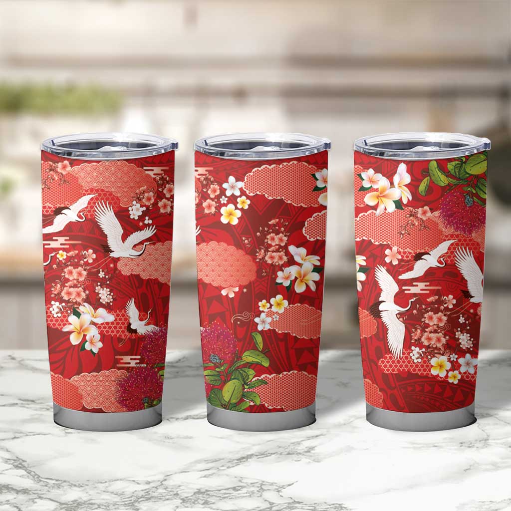 Hawaiian and Japanese Culture Together Tumbler Cup Red Ohia Lehua Plumeria and Sakura Blooming - Polynesian Pride