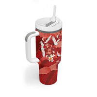 Hawaiian and Japanese Culture Together Tumbler With Handle Red Ohia Lehua Plumeria and Sakura Blooming - Polynesian Pride