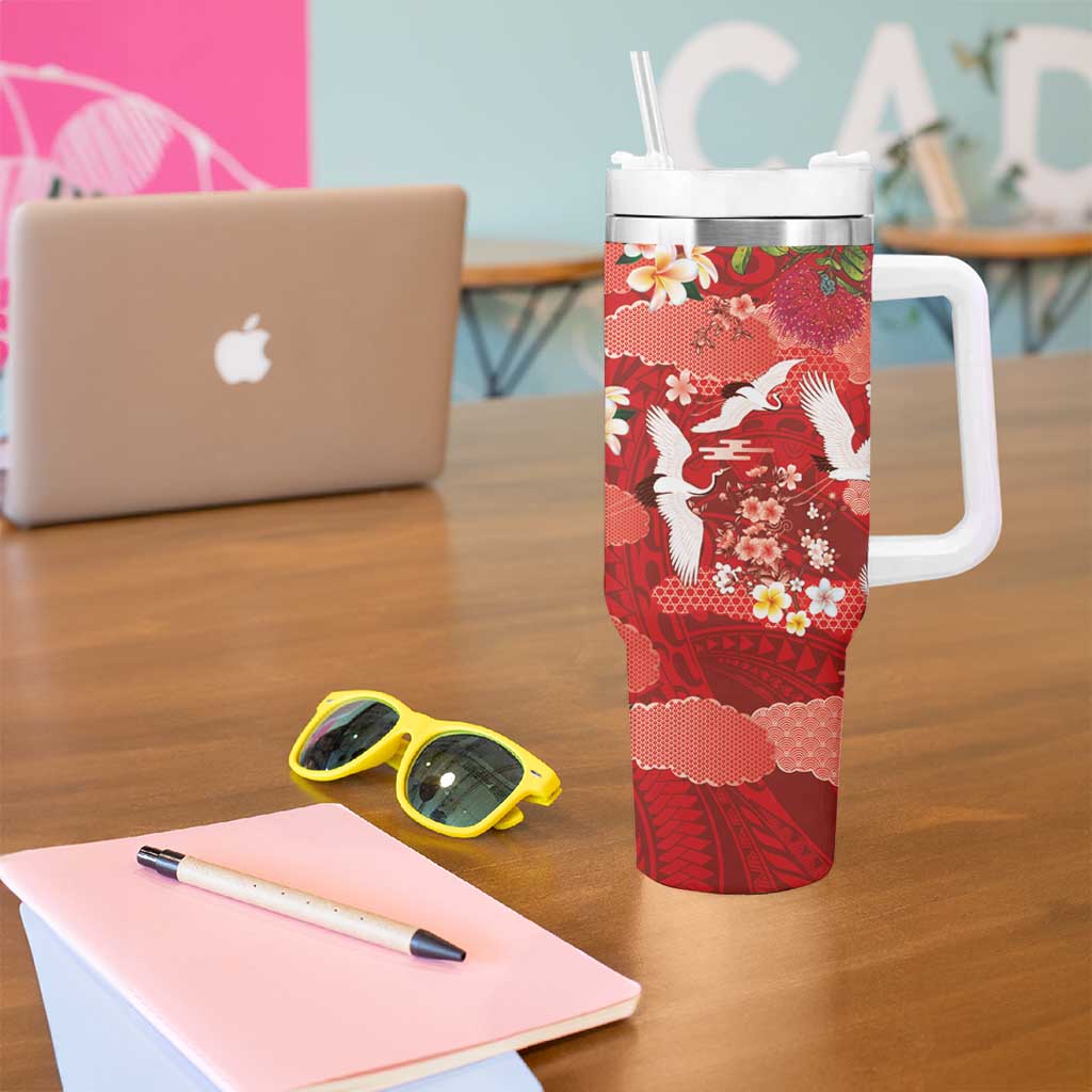 Hawaiian and Japanese Culture Together Tumbler With Handle Red Ohia Lehua Plumeria and Sakura Blooming - Polynesian Pride