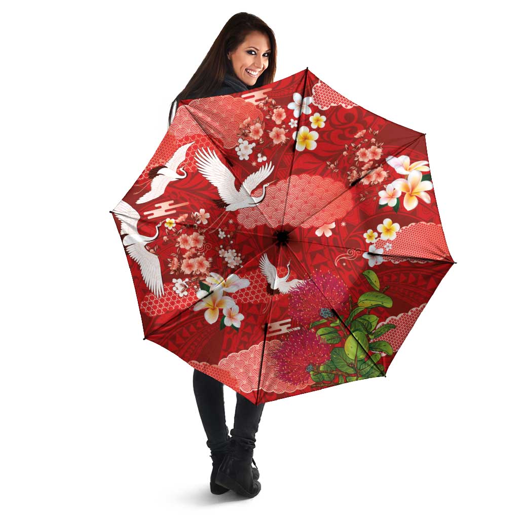 Hawaiian and Japanese Culture Together Umbrella Red Ohia Lehua Plumeria and Sakura Blooming - Polynesian Pride