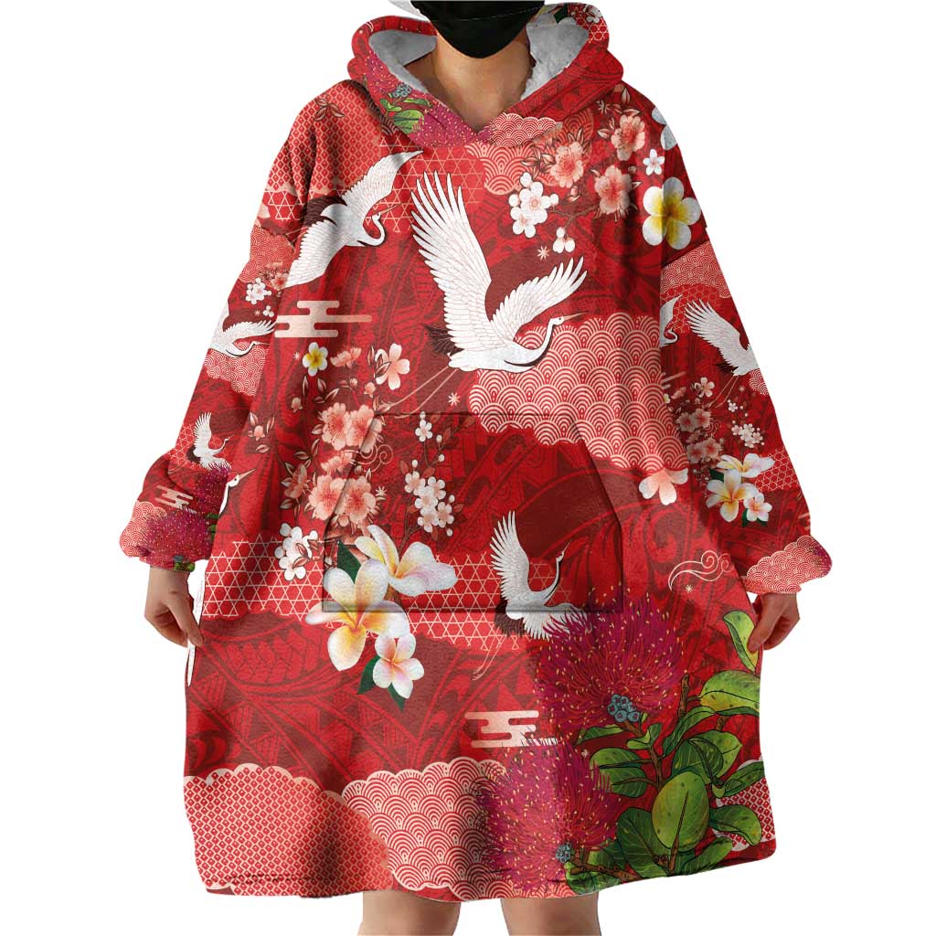 Hawaiian and Japanese Culture Together Wearable Blanket Hoodie Red Ohia Lehua Plumeria and Sakura Blooming - Polynesian Pride