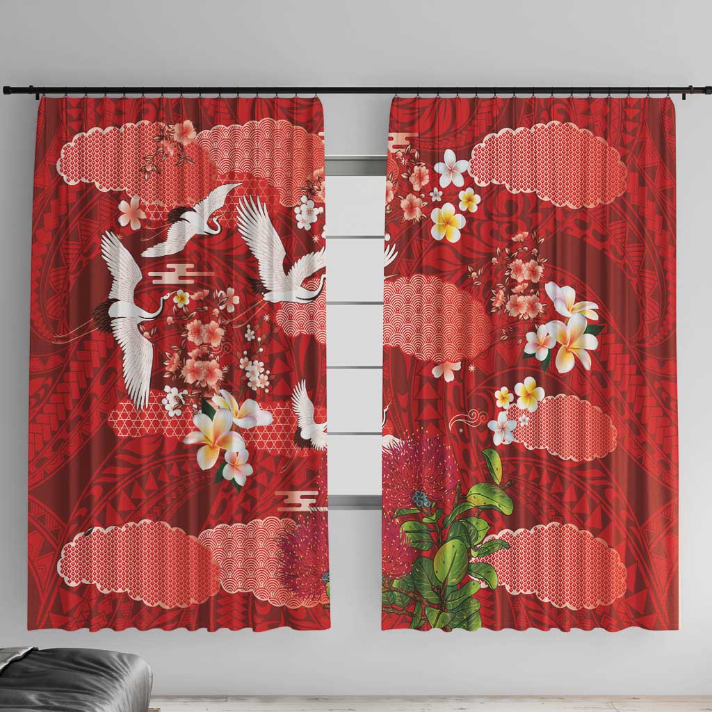 Hawaiian and Japanese Culture Together Window Curtain Red Ohia Lehua Plumeria and Sakura Blooming - Polynesian Pride