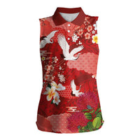 Hawaiian and Japanese Culture Together Women Sleeveless Polo Shirt Red Ohia Lehua Plumeria and Sakura Blooming - Polynesian Pride