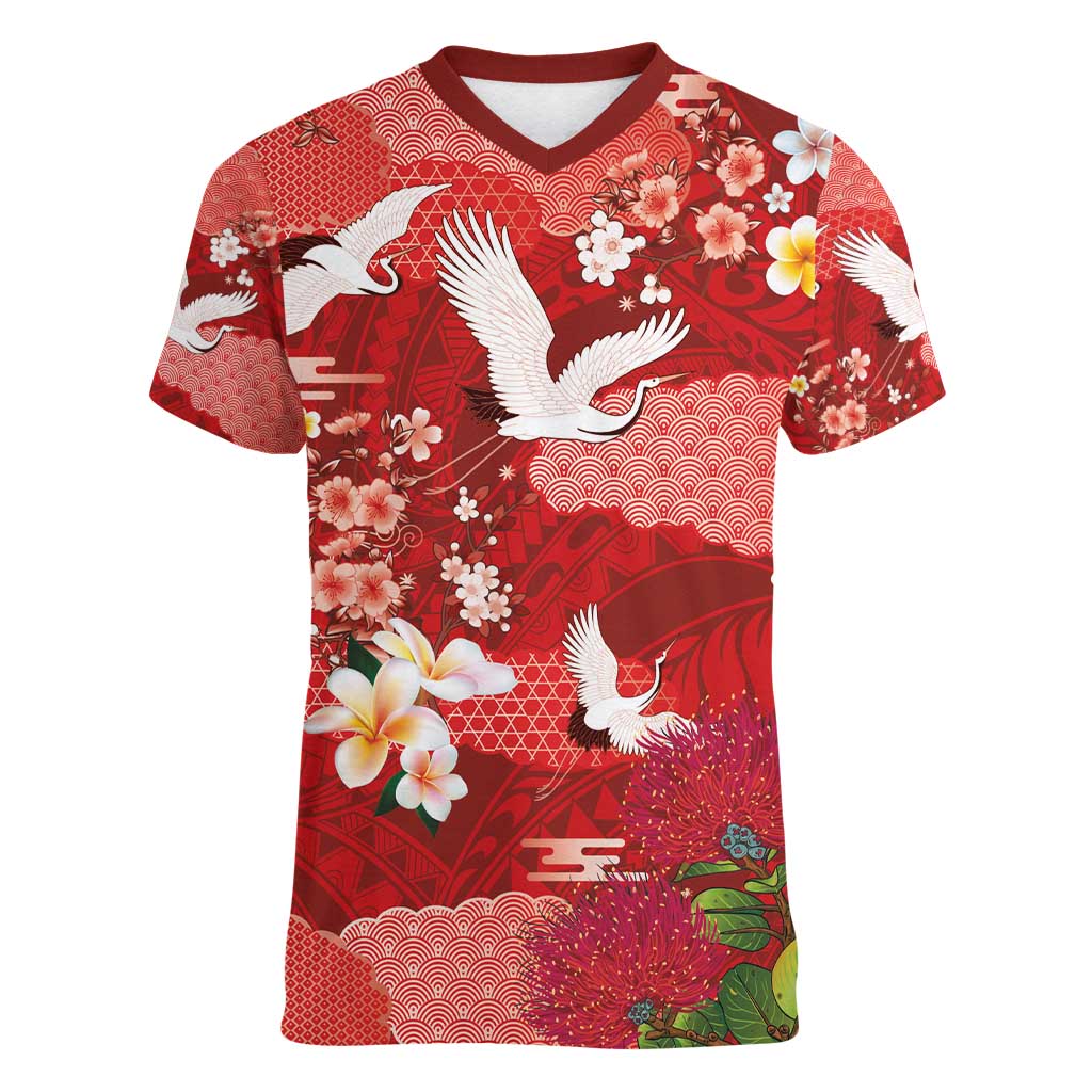 Hawaiian and Japanese Culture Together Women V-Neck T-Shirt Red Ohia Lehua Plumeria and Sakura Blooming - Polynesian Pride