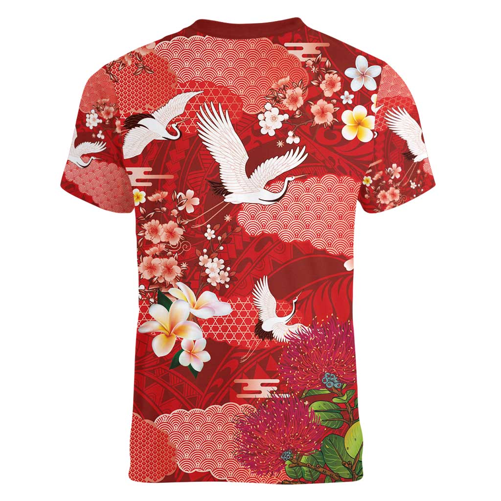 Hawaiian and Japanese Culture Together Women V-Neck T-Shirt Red Ohia Lehua Plumeria and Sakura Blooming - Polynesian Pride