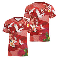 Hawaiian and Japanese Culture Together Women V-Neck T-Shirt Red Ohia Lehua Plumeria and Sakura Blooming - Polynesian Pride