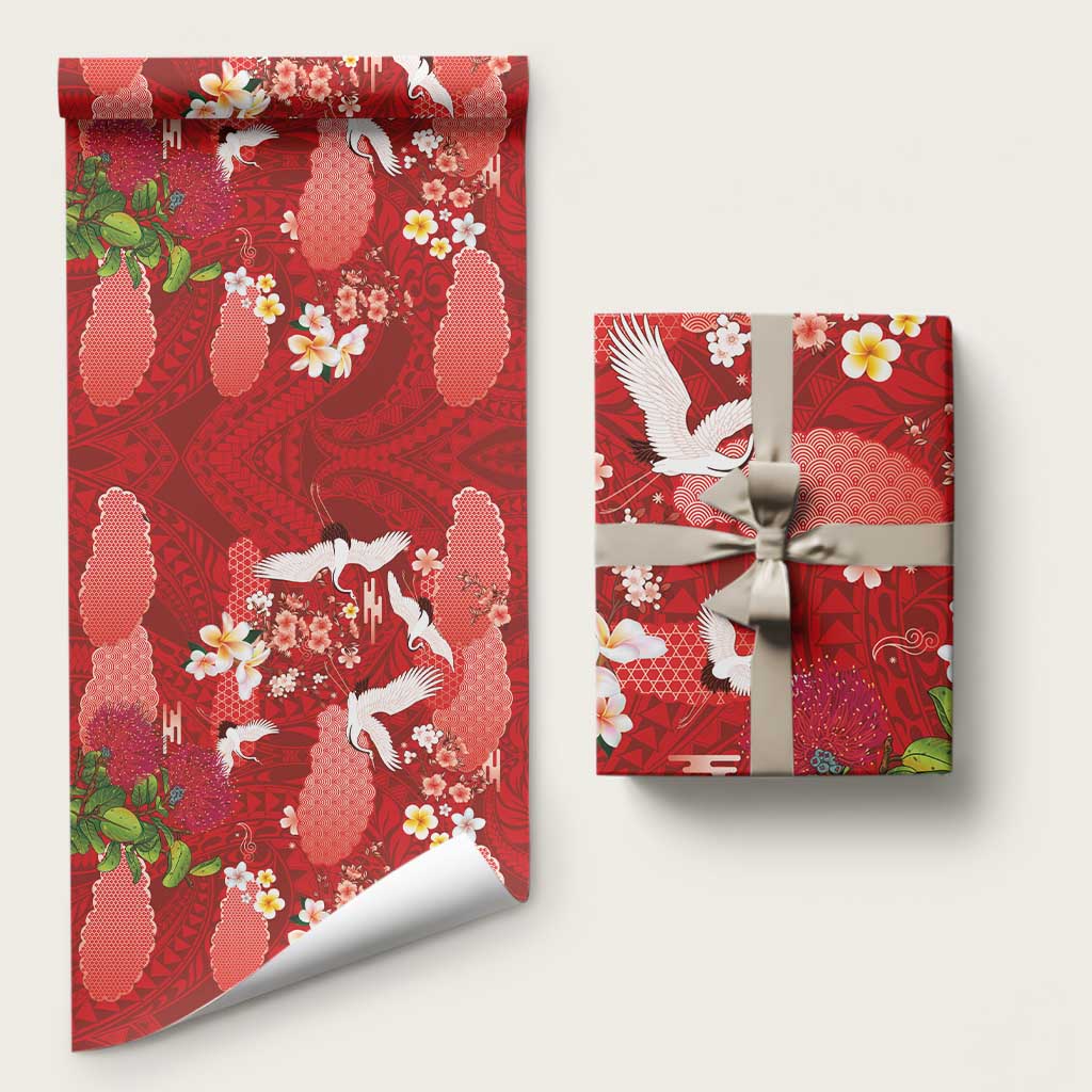 Hawaiian and Japanese Culture Together Wrapping Paper Red Ohia Lehua Plumeria and Sakura Blooming - Polynesian Pride
