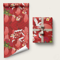 Hawaiian and Japanese Culture Together Wrapping Paper Red Ohia Lehua Plumeria and Sakura Blooming - Polynesian Pride