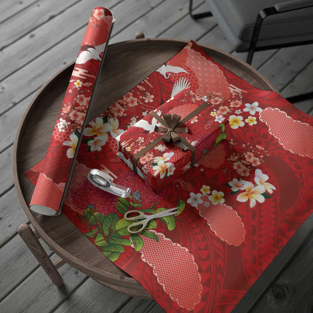 Hawaiian and Japanese Culture Together Wrapping Paper Red Ohia Lehua Plumeria and Sakura Blooming - Polynesian Pride