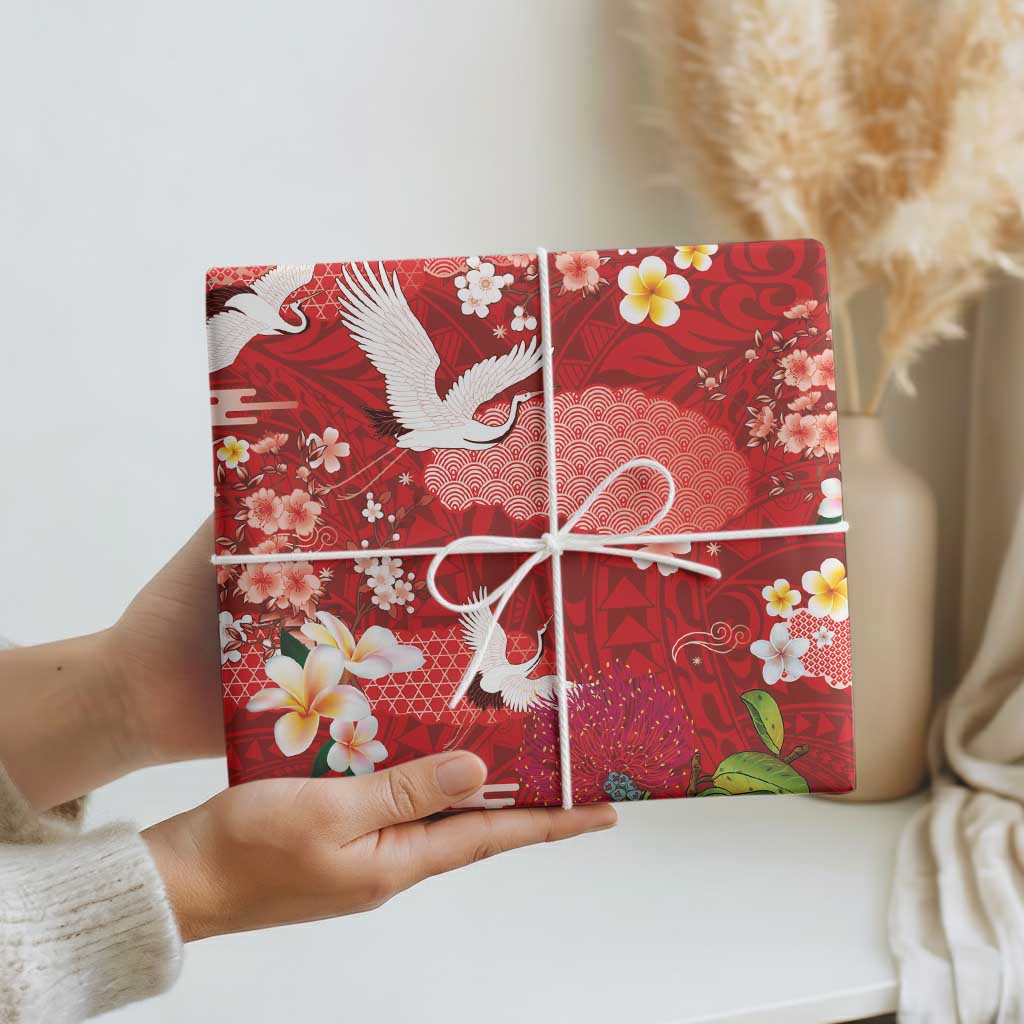 Hawaiian and Japanese Culture Together Wrapping Paper Red Ohia Lehua Plumeria and Sakura Blooming - Polynesian Pride