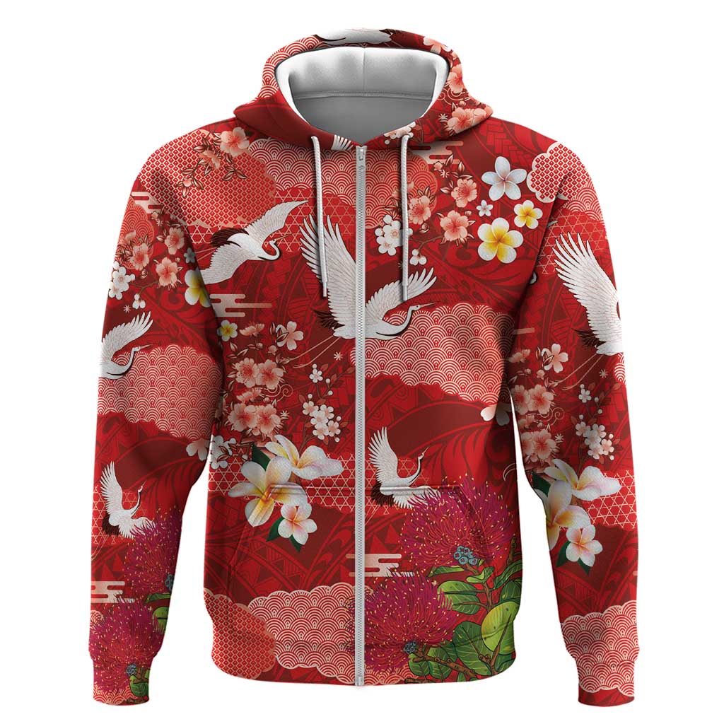 Hawaiian and Japanese Culture Together Zip Hoodie Red Ohia Lehua Plumeria and Sakura Blooming - Polynesian Pride