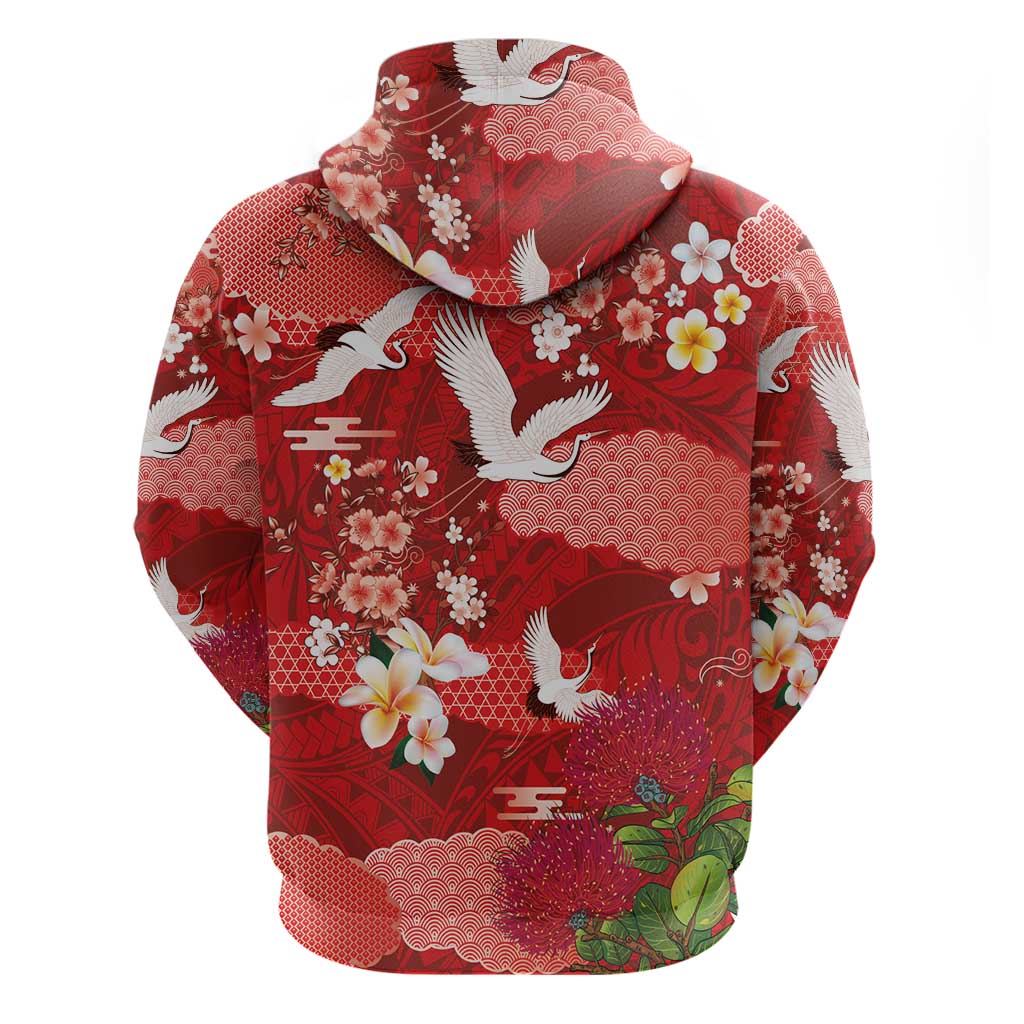 Hawaiian and Japanese Culture Together Zip Hoodie Red Ohia Lehua Plumeria and Sakura Blooming - Polynesian Pride