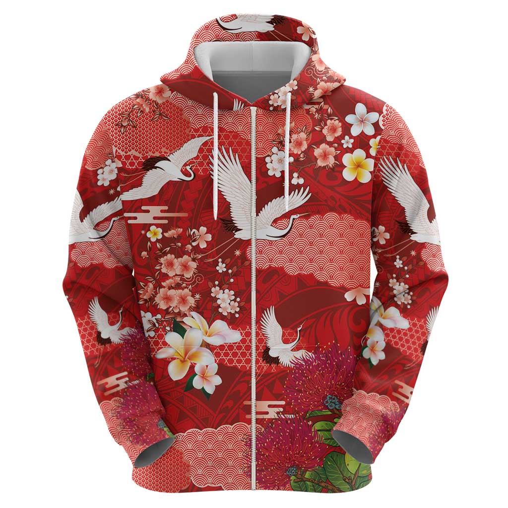 Hawaiian and Japanese Culture Together Zip Hoodie Red Ohia Lehua Plumeria and Sakura Blooming - Polynesian Pride