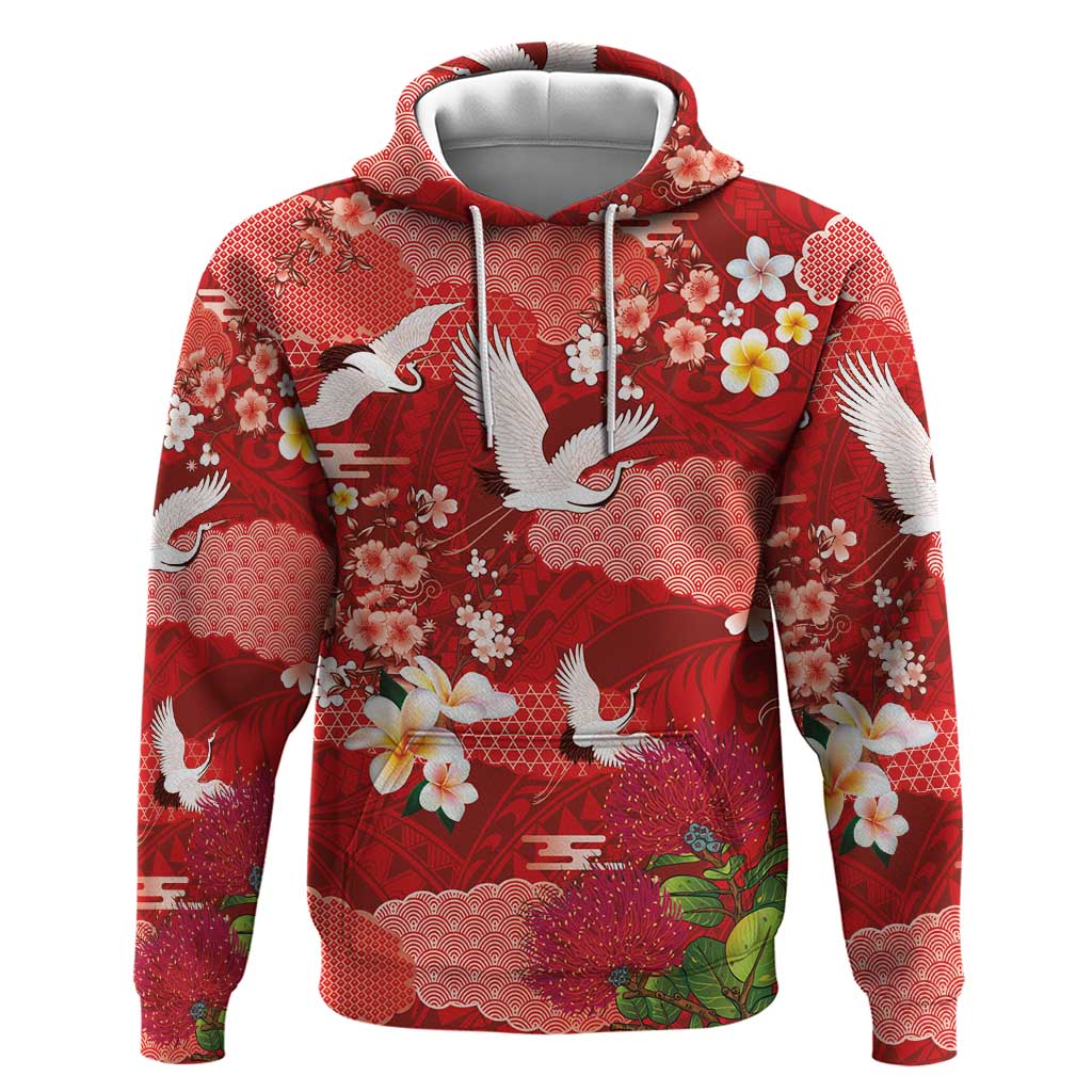 Hawaiian and Japanese Culture Together Zip Hoodie Red Ohia Lehua Plumeria and Sakura Blooming - Polynesian Pride