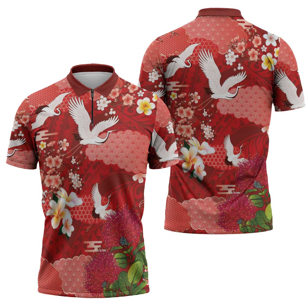 Hawaiian and Japanese Culture Together Zipper Polo Shirt Red Ohia Lehua Plumeria and Sakura Blooming - Polynesian Pride