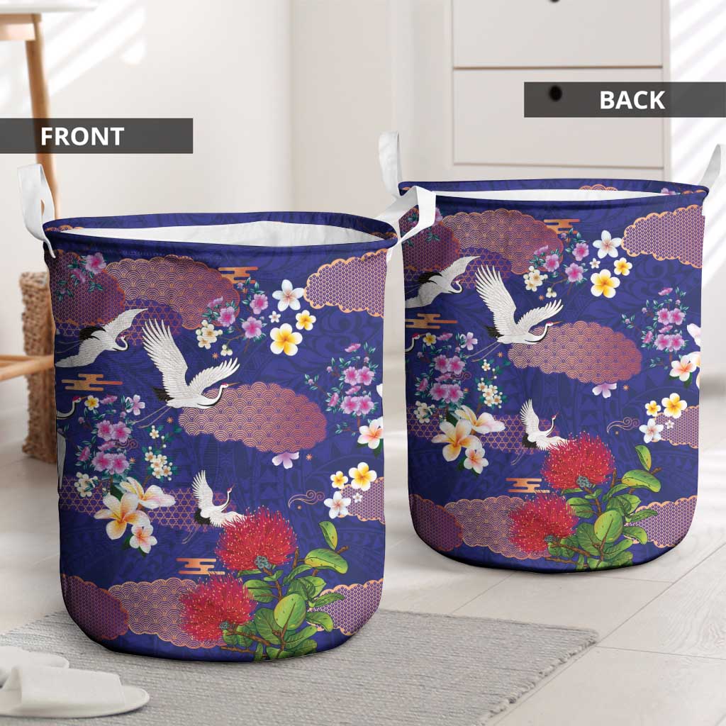Hawaiian and Japanese Culture Together Laundry Basket Blue Ohia Lehua Plumeria and Sakura Blooming - Polynesian Pride