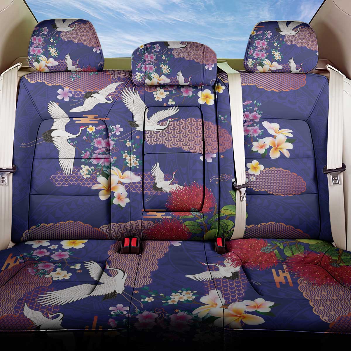 Hawaiian and Japanese Culture Together Back Car Seat Cover Blue Ohia Lehua Plumeria and Sakura Blooming - Polynesian Pride