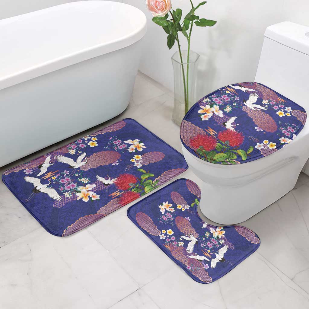 Hawaiian and Japanese Culture Together Bathroom Set Blue Ohia Lehua Plumeria and Sakura Blooming - Polynesian Pride