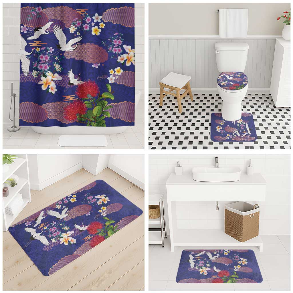 Hawaiian and Japanese Culture Together Bathroom Set Blue Ohia Lehua Plumeria and Sakura Blooming - Polynesian Pride