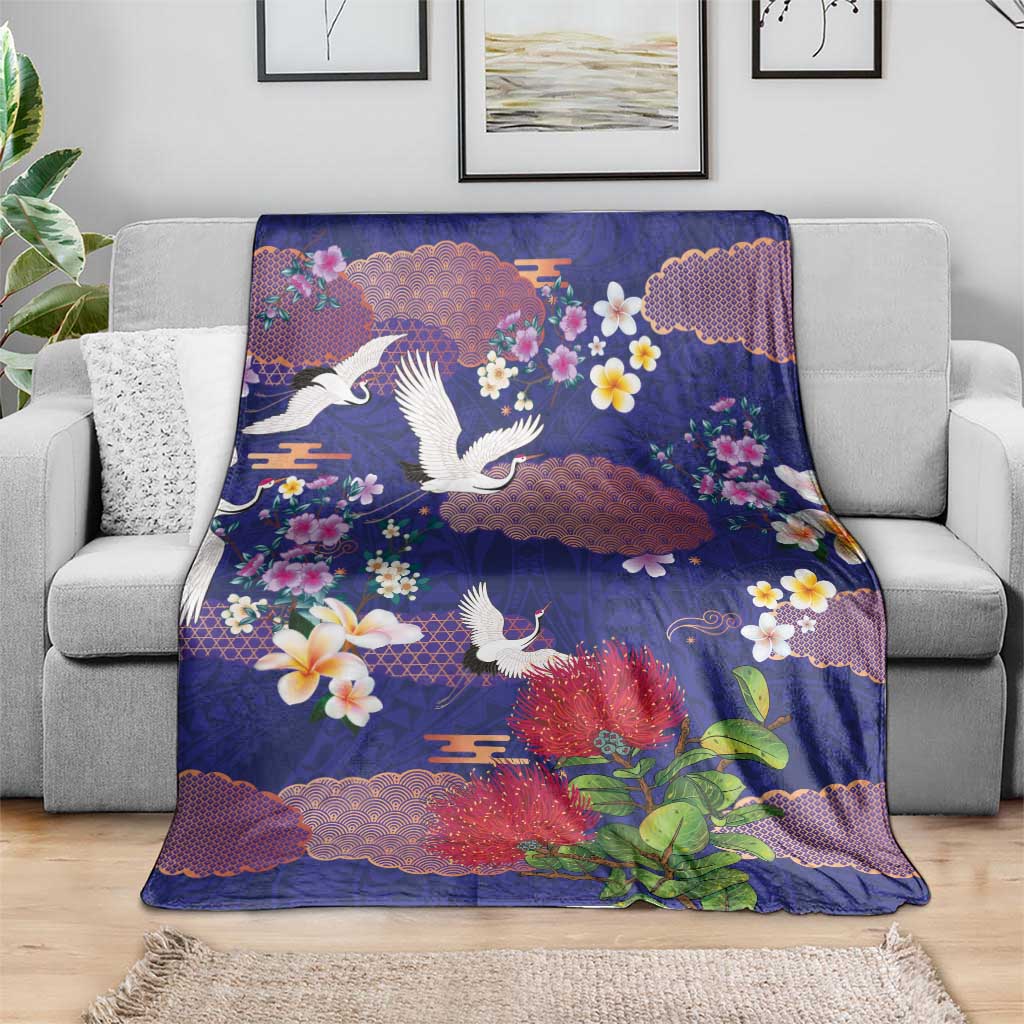 Hawaiian and Japanese Culture Together Blanket Blue Ohia Lehua Plumeria and Sakura Blooming - Polynesian Pride