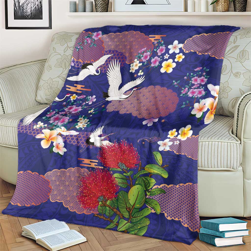 Hawaiian and Japanese Culture Together Blanket Blue Ohia Lehua Plumeria and Sakura Blooming - Polynesian Pride