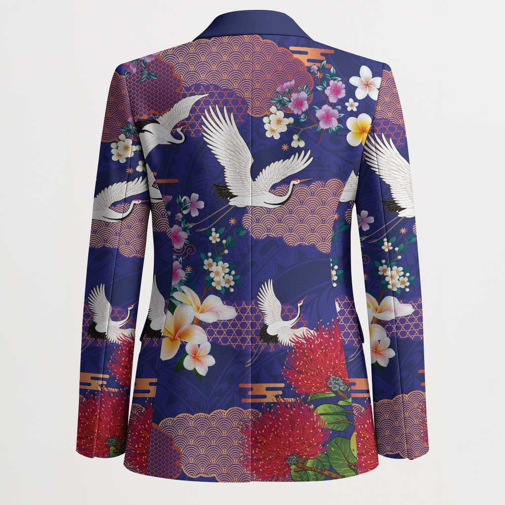 Hawaiian and Japanese Culture Together Blazer Blue Ohia Lehua Plumeria and Sakura Blooming - Polynesian Pride