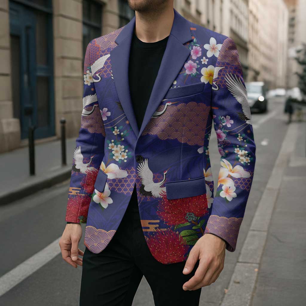 Hawaiian and Japanese Culture Together Blazer Blue Ohia Lehua Plumeria and Sakura Blooming - Polynesian Pride