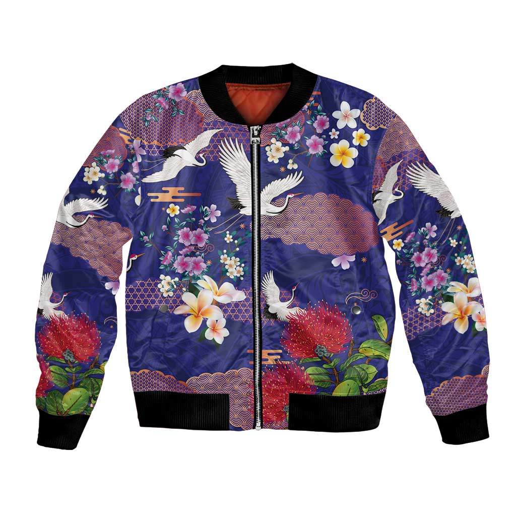Hawaiian and Japanese Culture Together Bomber Jacket Blue Ohia Lehua Plumeria and Sakura Blooming - Polynesian Pride