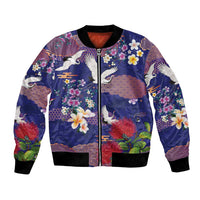 Hawaiian and Japanese Culture Together Bomber Jacket Blue Ohia Lehua Plumeria and Sakura Blooming LT03 Unisex Blue - Polynesian Pride