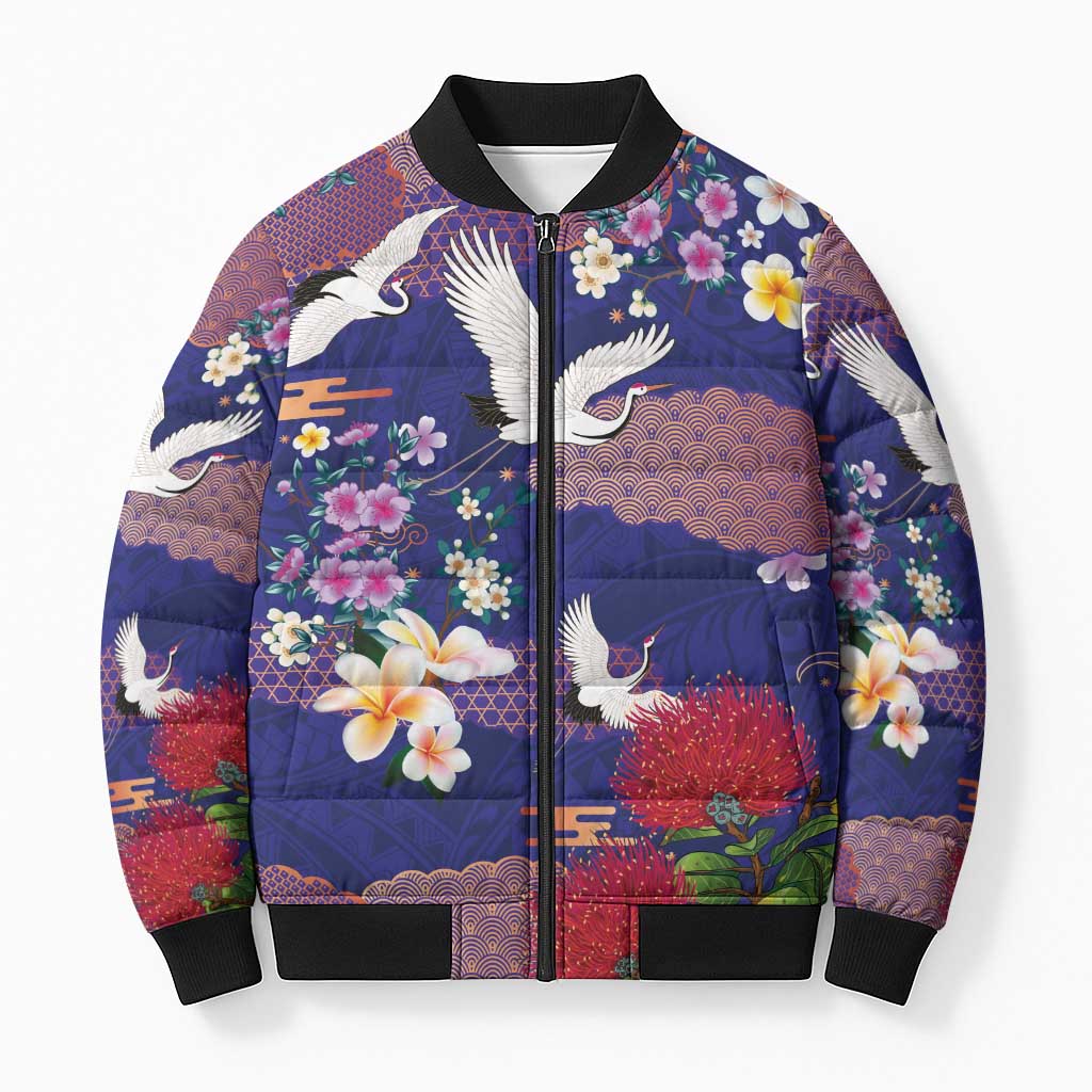 Hawaiian and Japanese Culture Together Bomber Puffer Jacket Blue Ohia Lehua Plumeria and Sakura Blooming - Polynesian Pride