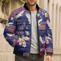 Hawaiian and Japanese Culture Together Bomber Puffer Jacket Blue Ohia Lehua Plumeria and Sakura Blooming - Polynesian Pride
