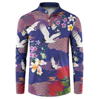 Hawaiian and Japanese Culture Together Button Sweatshirt Blue Ohia Lehua Plumeria and Sakura Blooming - Polynesian Pride