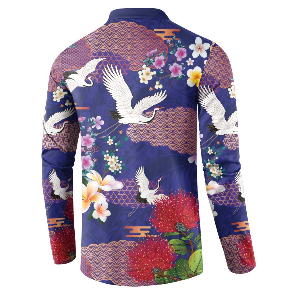 Hawaiian and Japanese Culture Together Button Sweatshirt Blue Ohia Lehua Plumeria and Sakura Blooming - Polynesian Pride