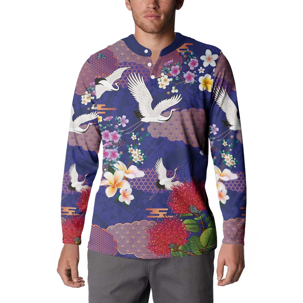 Hawaiian and Japanese Culture Together Button Sweatshirt Blue Ohia Lehua Plumeria and Sakura Blooming - Polynesian Pride