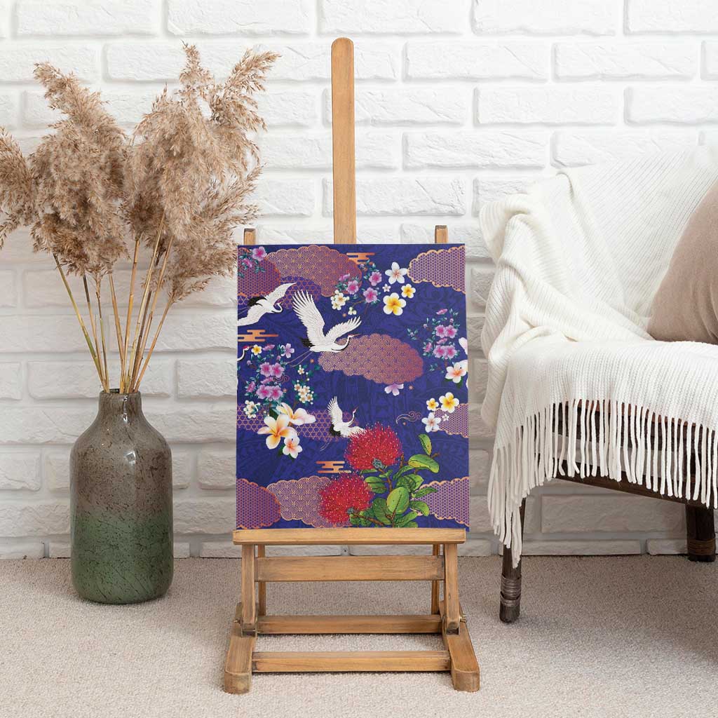 Hawaiian and Japanese Culture Together Canvas Wall Art Blue Ohia Lehua Plumeria and Sakura Blooming - Polynesian Pride