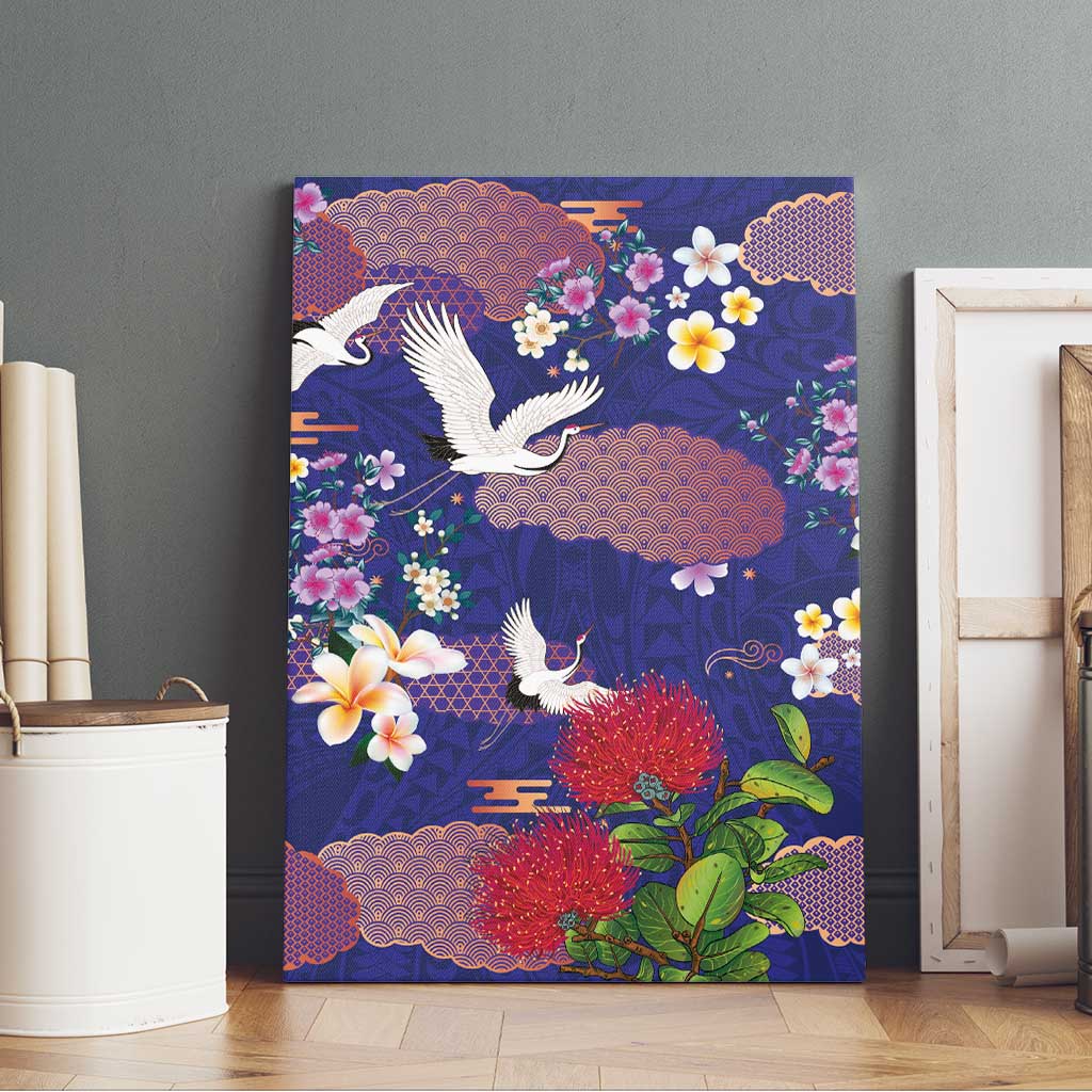 Hawaiian and Japanese Culture Together Canvas Wall Art Blue Ohia Lehua Plumeria and Sakura Blooming - Polynesian Pride